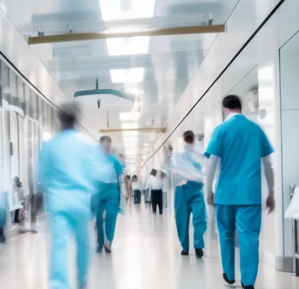 Blurred image of medical staff walking in a brightly lit hospital corridor.