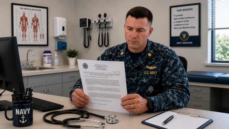 U.S. Navy officer in uniform reviewing medical document in a clinical office setting.