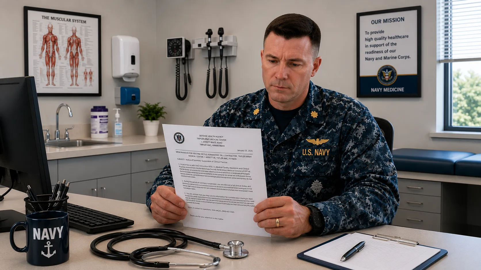 U.S. Navy officer in uniform reviewing medical document in a clinical office setting.