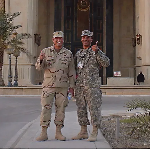 Two smiling soldiers in camouflage uniforms giving thumbs up in front of a large building entrance.