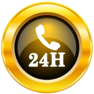 Gold circular icon with a white phone handset and "24H" text in the center.