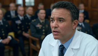 Middle-aged man in white coat speaking, with uniformed military personnel seated behind him.