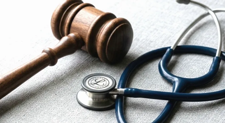 Wooden judge's gavel and blue stethoscope placed on a gray fabric surface.