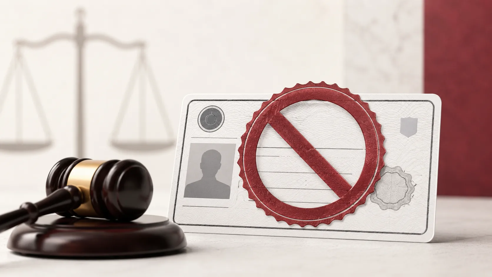 Wooden judge's gavel beside a suspended driver's license with a red prohibition symbol.