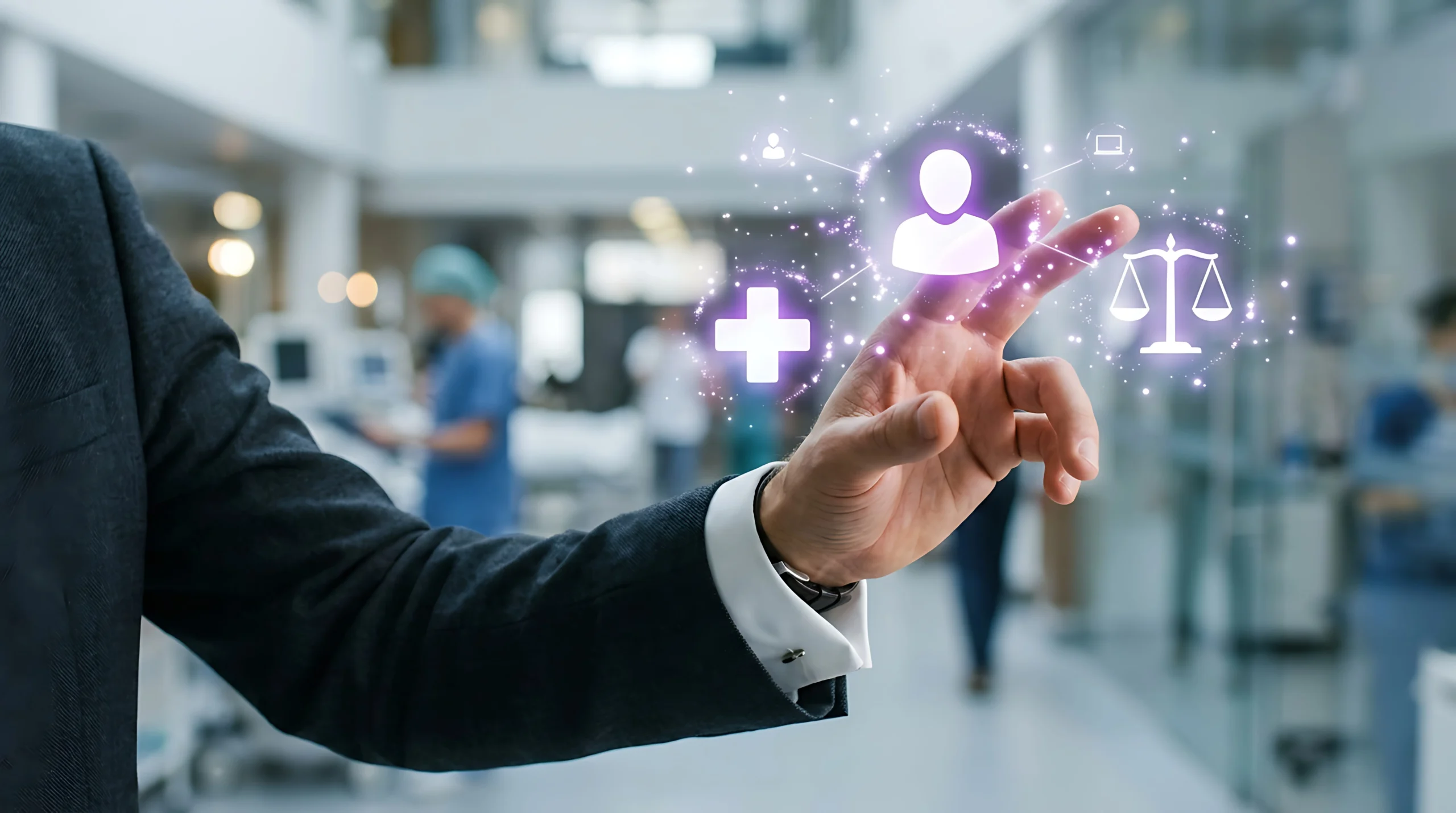 Businessman in suit interacting with glowing healthcare and legal icons in modern hospital.