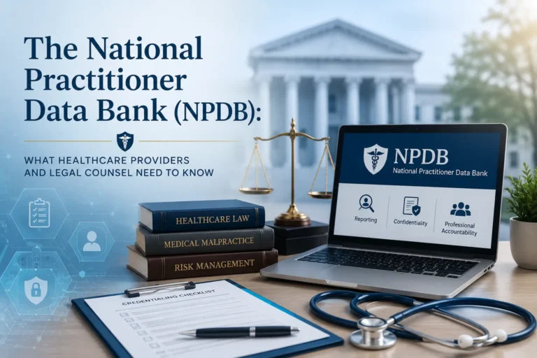 Professional workspace with legal and medical books, a laptop displaying NPDB information, a stethoscope, and a credentialing checklist.